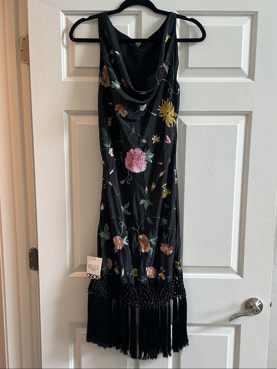 ASOS Dresses & Skirts - ASOS Black Floral Midi Dress with Fringe